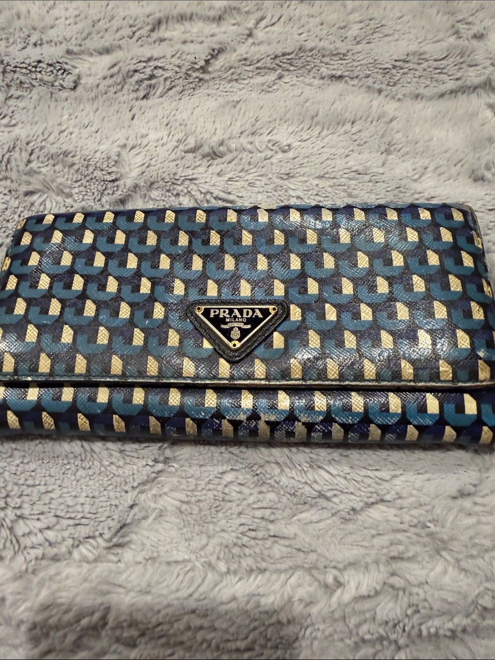 Prada Blue Geometric Print Leather Clutch Wallet